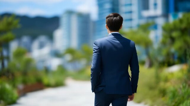 245Outdoor portrait of faceless businessman, formal attire, walking along business park pathway, defocused office buildings and greenery in background, corporate lifestyle stock conce