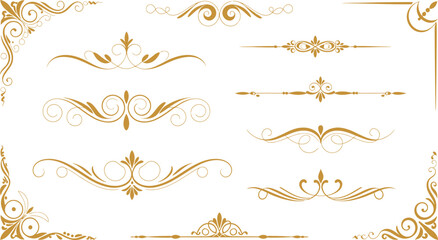 Fototapeta premium Golden vintage ornament divider set, elegant decorative flourish elements, luxury border lines, wedding invitation vector illustration design collection