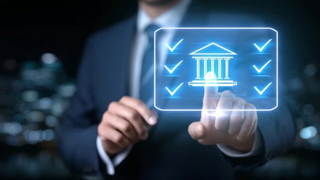 253Virtual screen displaying compliance rules, law icons, and policy documents, glowing digital interface, corporate governance and regulatory adherence concept, professional business