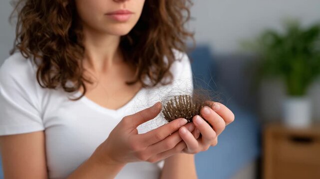 427Faceless woman examining hair in palms, showing damage and thinning after brushing, concerned posture, hair care and treatment awareness, defocused bedroom or vanity background wit