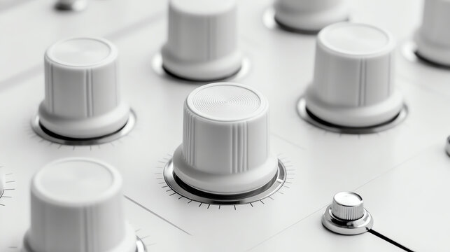 Close-up view of white control knobs on an audio mixer, showcasing precision and design in technology.