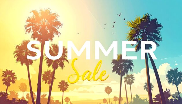 Summer Sale promotional banner with tropical palm trees silhouetted against glowing sunset gradient sky background