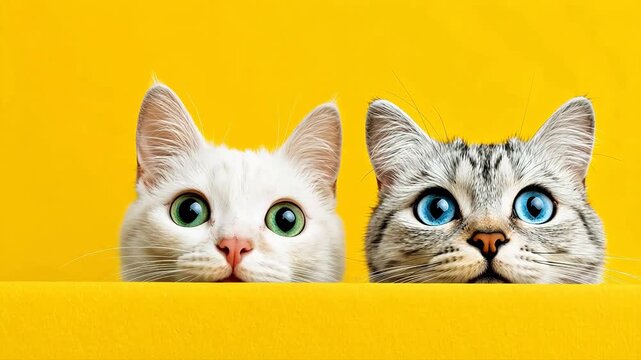 Two cats peeking over yellow surface