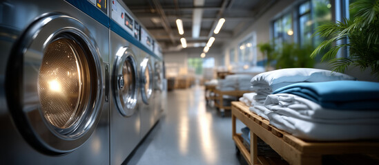 Obraz premium washing machines, laundromat, self service laundry, laundry room, commercial laundry, stainless steel, appliances, fabric care, hygiene, clean facility, washing equipment, modern interior