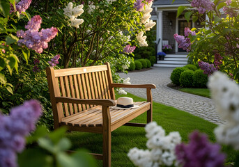 Tranquil garden bench surrounded by lush spring blossoms