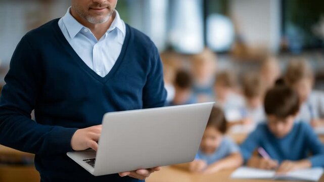 488Faceless teacher standing with laptop in classroom, teaching diverse school children, digital learning and educational technology activity, students engaged and interacting, defocu