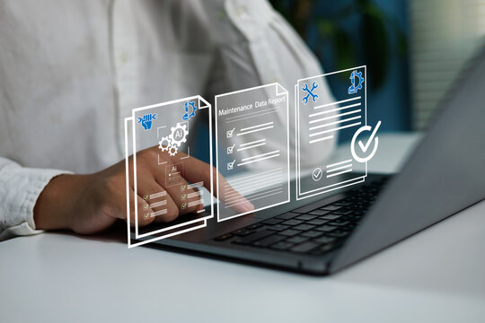 Digital maintenance data report interface Man working AI analytics on laptop, engineer reviewing service checklist, predictive maintenance equipment management industrial technology automation concept