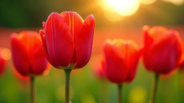 Close-up of vibrant red tulips in a field during sunset. The flowers are in full bloom, showcasing their delicate petals and green stems.
