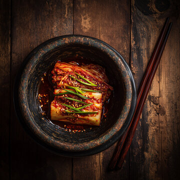 korean kimchi in onggi bowl with chopsticks