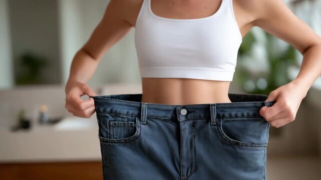 487Happy faceless woman holding old pants with both hands, looking at mirror, visualizing weight loss success and proud health transformation, fitness achievement moment, defocused ba