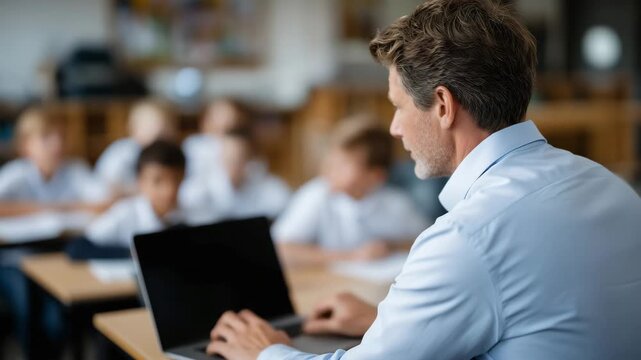 490Faceless teacher using laptop to instruct school children, students attentively watching, interactive digital learning activity, classroom technology and student engagement, defocu