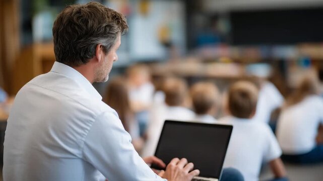 491Faceless teacher using laptop to instruct school children, students attentively watching, interactive digital learning activity, classroom technology and student engagement, defocu