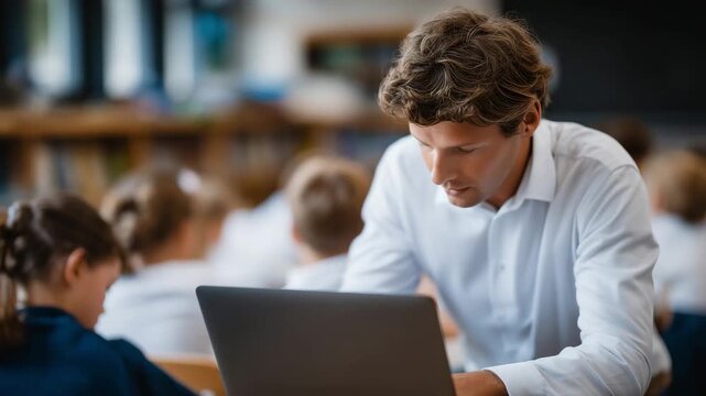 496Faceless educator guiding students with laptop, school children collaboratively participating, interactive learning and digital classroom engagement, defocused learning environment