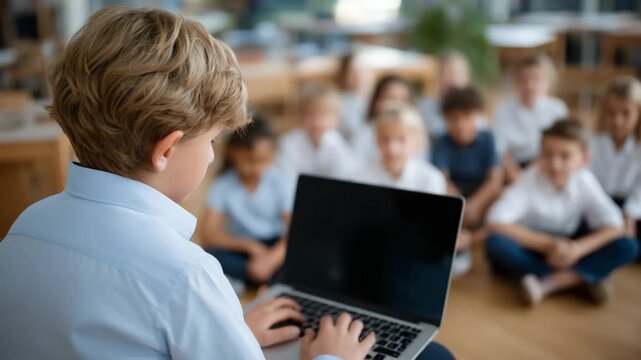 499Over-the-shoulder view of faceless teacher showing laptop to students, diverse kids focusing on lesson, interactive educational technology moment, classroom engagement visualizatio