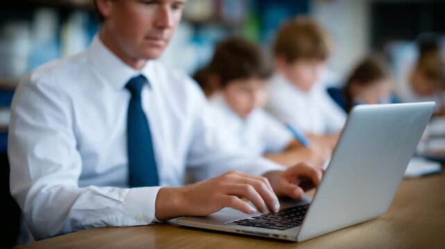 503Close-up of faceless teacher hands on laptop keyboard, students in background paying attention, digital education and instructional activity, classroom technology engagement, defoc