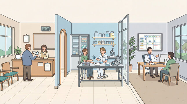 Ligne Claire Medical Checkup Journey Scene Illustration from Reception to Lab Test to Consultation for Healthcare Storytelling.