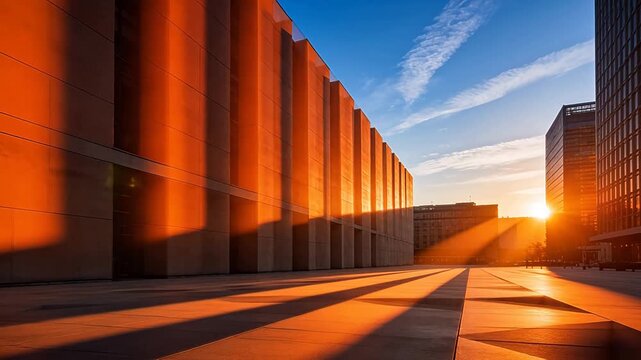 Modern building facade illuminated by warm sunset light with clear perspective