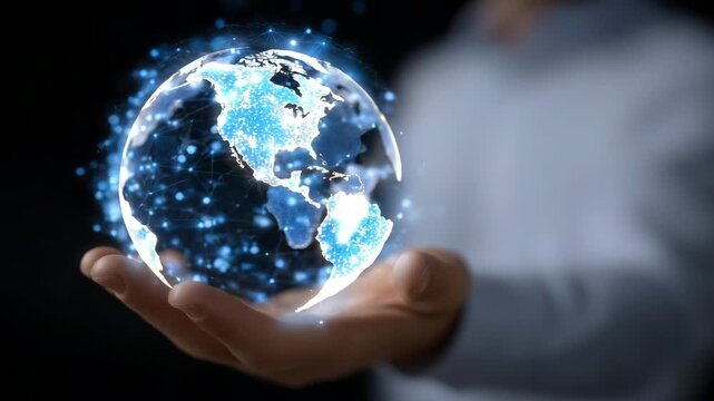 512Faceless hand presenting floating digital network globe, global online education system, interactive learning modules and accessible knowledge, virtual classroom interface, defocus