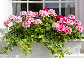 Vibrant pink flower box on windowsill with green foliage
