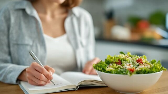 523Faceless woman holding apple while jotting in planner, fresh salad nearby, wellness-focused breakfast, healthy eating and lifestyle concept, defocused kitchen interior with copy sp