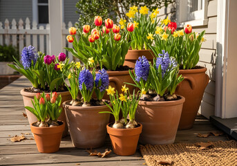Vibrant spring blossoms in terra cotta pots on wooden deck