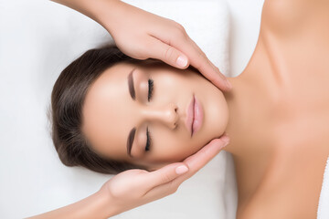 Fototapeta premium Woman enjoying a relaxing facial massage, eyes closed. Ideal for spa, wellness, beauty, skincare, relaxation, and massage therapy concepts.
