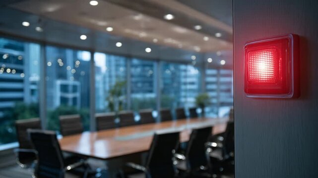 Activated red emergency alarm in contemporary office, modern conference room with large table and chairs, corporate safety alert, emergency response visualization with copy space