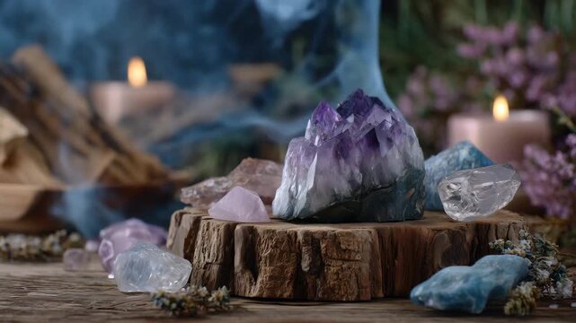 Arrangement of quartz, amethyst, and other crystals, sacred wood burning beside, energy cleansing ritual, calm meditation space, mystical smoke in defocused background with copy sp