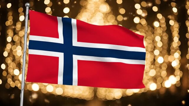 Norwegian flag waving on a pole against a backdrop of golden bokeh lights celebration