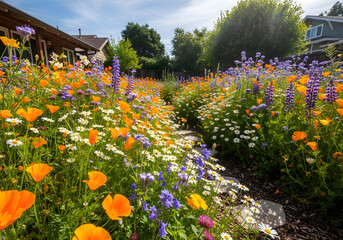 Vibrant wildflower garden path in bright daylight