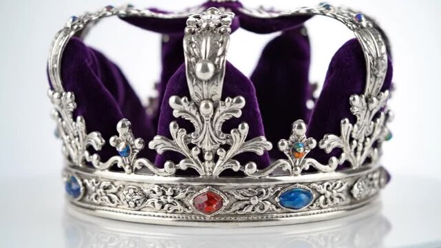 Royal silver crown adorned with purple velvet and colorful gemstones