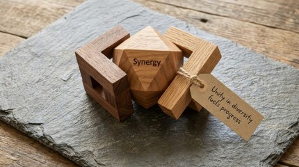 Fototapeta premium Wooden Synergy Puzzle on Textured Slate Surface