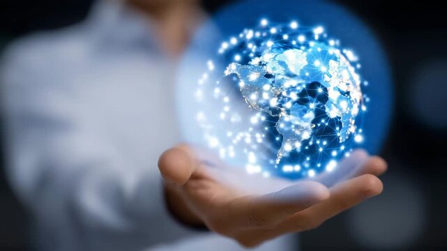 Close-up of faceless hand holding glowing network sphere, online education platform, interactive virtual learning, global knowledge access and seamless communication, defocused bac