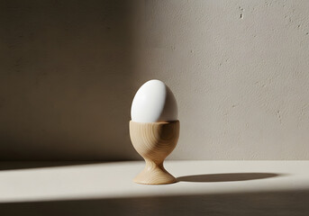 Wooden egg cup with egg on minimalistic surface