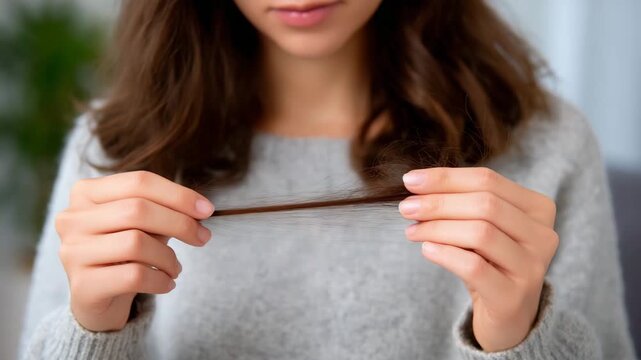 Close-up of faceless woman&rsquo;s hands with fallen hair, fingers gently holding strands, hair loss problem visualization, young adult hair health issue, defocused background with copy
