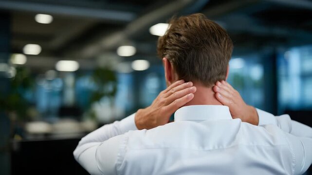 Close-up of hands pressing back of faceless employee, showing office syndrome symptoms, long-term sitting discomfort, workplace health visualization, defocused corporate office beh