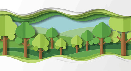Obraz premium Vibrant Layered Paper Cut Forest Landscape with Green Trees, Hills, and Blue Sky