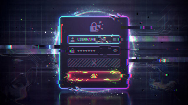 Glitched Login Failure Screen ? Databending RGB Shift UI Illustration for Cybersecurity Error Pages, Tech Ads, and App Onboarding.