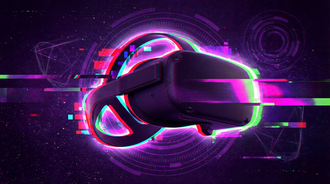 VR Headset Glitch Aura ? Databending RGB Shift Neon Scanline Illustration for Immersive Tech, Metaverse Media, and Cyber Aesthetics.