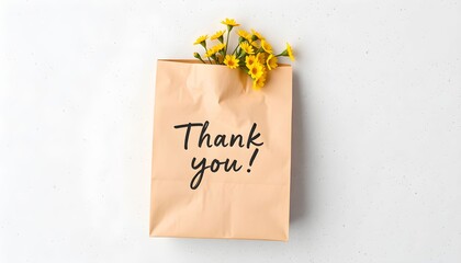 A paper bag with Thank you written on it and yellow flowers peeking out, viewed from directly above on a plain surface