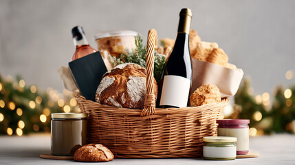 Luxurious holiday gift basket with wine, artisan sourdough bread, cookies, and gourmet jars. Festive wicker basket mockup with Christmas bokeh lights.