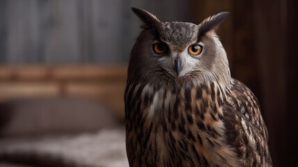 Fototapeta premium A majestic owl with striking orange eyes gazes intensely its detailed plumage visible against a softly blurred cozy background