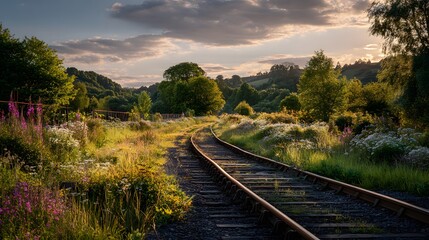 Obraz premium Rustic train tracks curve gracefully into the distance through overgrown green grass and vibrant wildflowers, lit by warm golden hour light.