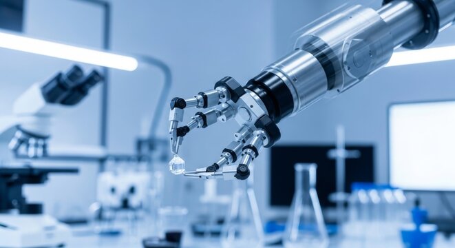 Robotic arm precisely holding small sphere in laboratory