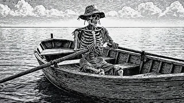 Skeleton in hat rowing wooden boat on calm water