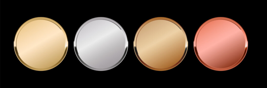 Gold and silver metal circles frames set, Shining metallic 3d circles: gold, silver, bronze, rose gold medals, Sparkling metal rings medals, precious awards badges, buttons on black background.