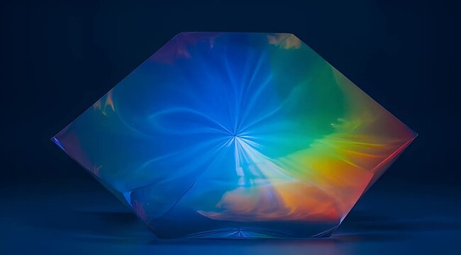 Abstract Hexagonal Prism, Rainbow Light Refraction, Geometric Crystal, Sci-Fi Energy Swirls, Vivid Color Spectrum, Digital Art Background
