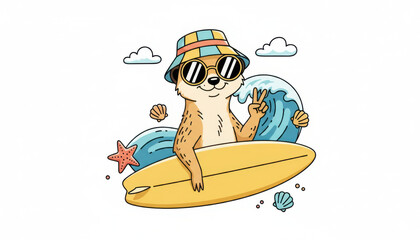 Naklejka premium Cute suricate wearing colorful hat and sunglasses shows curiosity while holding surfboard near ocean waves and seashells