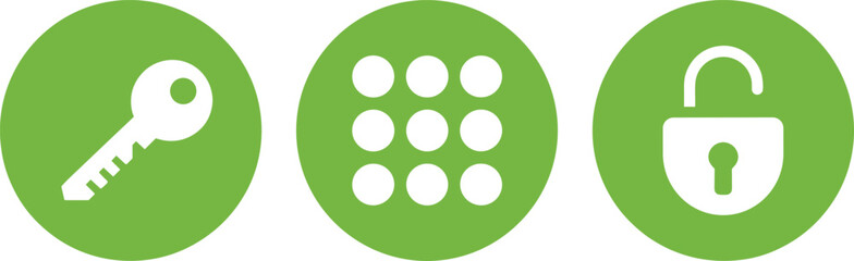Fototapeta premium Three green circular icons with white security symbols: key, keypad, and unlocked padlock vector illustration