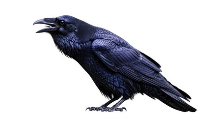 A detailed close-up of a black raven perched with its beak open and wings slightly spread, showcasing its glossy feathers and intelligent eyes